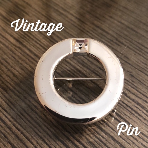 Silver Circle Pin Square Cut Glass Rhinestone - Picture 1 of 11